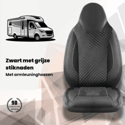 Stoelhoezen voor Peugeot Boxer camper | Met armleuning hoezen | CBA105 | Zwart met grijze stiknaden
